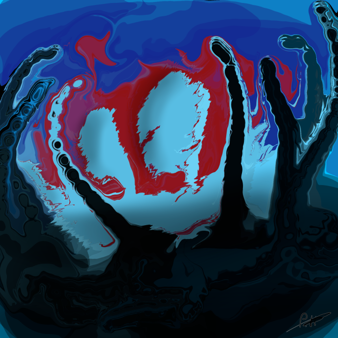 Abstrakte Darstellung von geschwungenen Formen in blauen und roten Tönen.