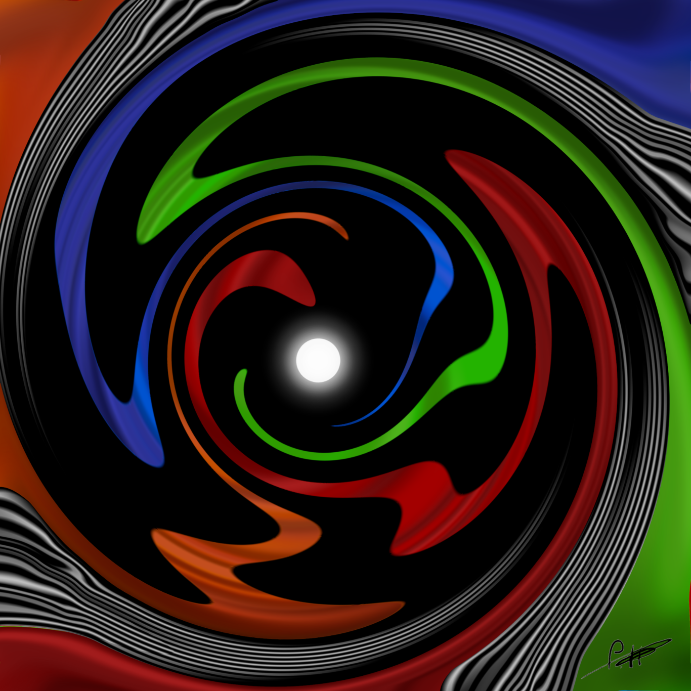 Bunte spiralförmige Muster in Rot, Blau, Grün und Schwarz mit einem zentralen weißen Punkt.