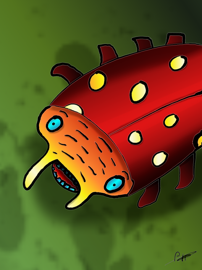 Bunt dargestelltes Wesen mit einem orangen Kopf und blauen Augen, auf einem grünen Hintergrund.