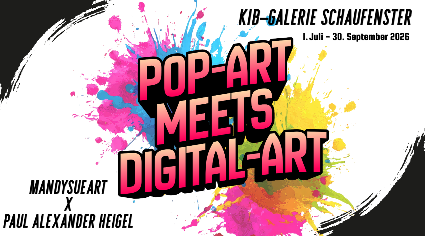 Bild des KiB-Galerie Schaufensters mit Kunstwerken von Paul Alexander Heigel und Rolf Maltry Galerie mit bunten Gemälden und Kunstwerken an den Wänden.