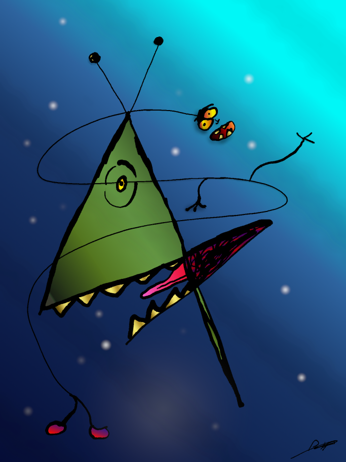 Ein grünes, dreieckiges Alien mit großen Augen und einem breiten, zahnigen Mund.