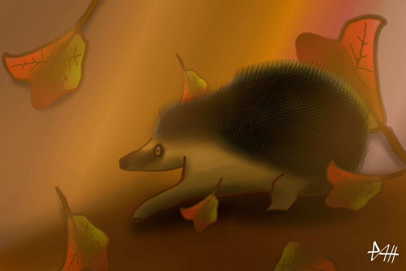 Ein Igel läuft durch raschelnde Blätter in herbstlichen Farben.
