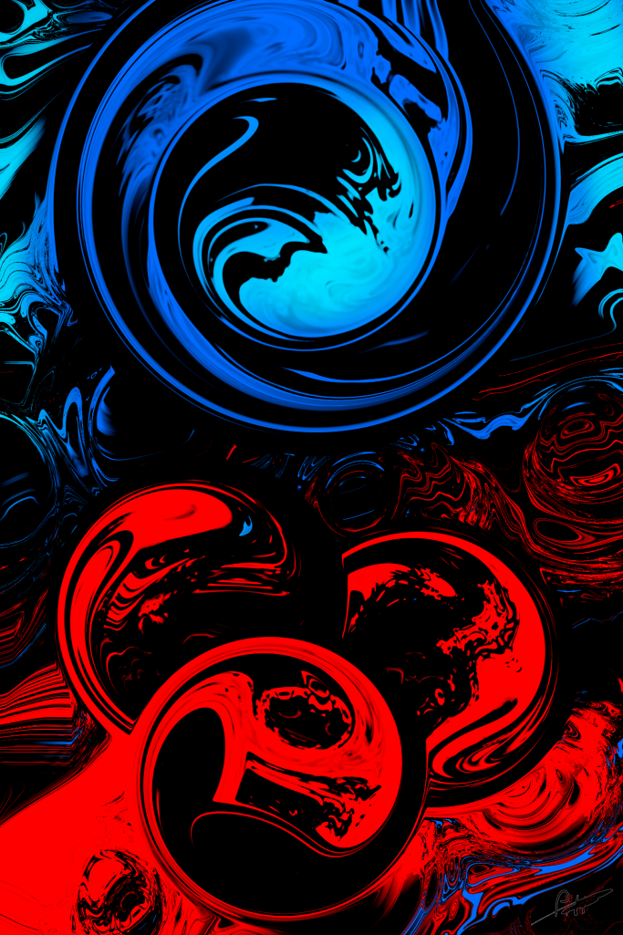 Abstrakte Farbwirbel in Blau und Rot auf schwarzem Hintergrund.