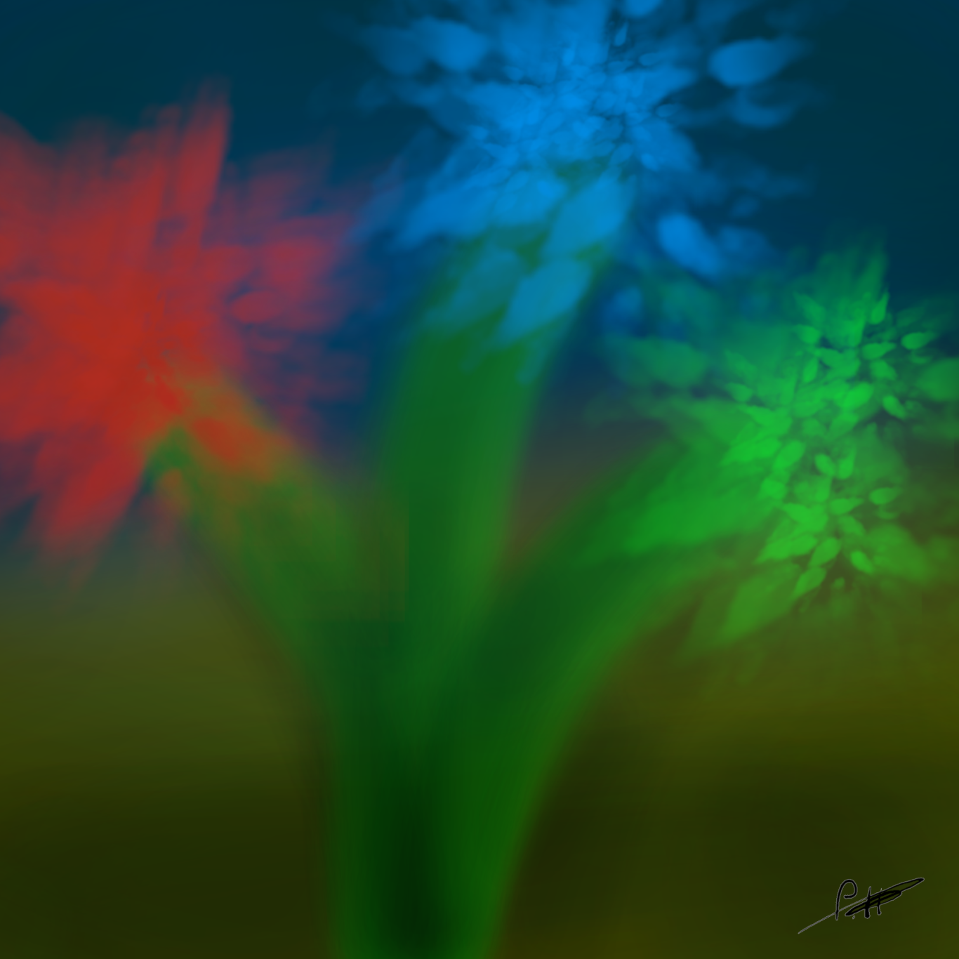 Bunte, verschwommene Blumen in Rot, Blau und Grün vor einem unscharfen Hintergrund.