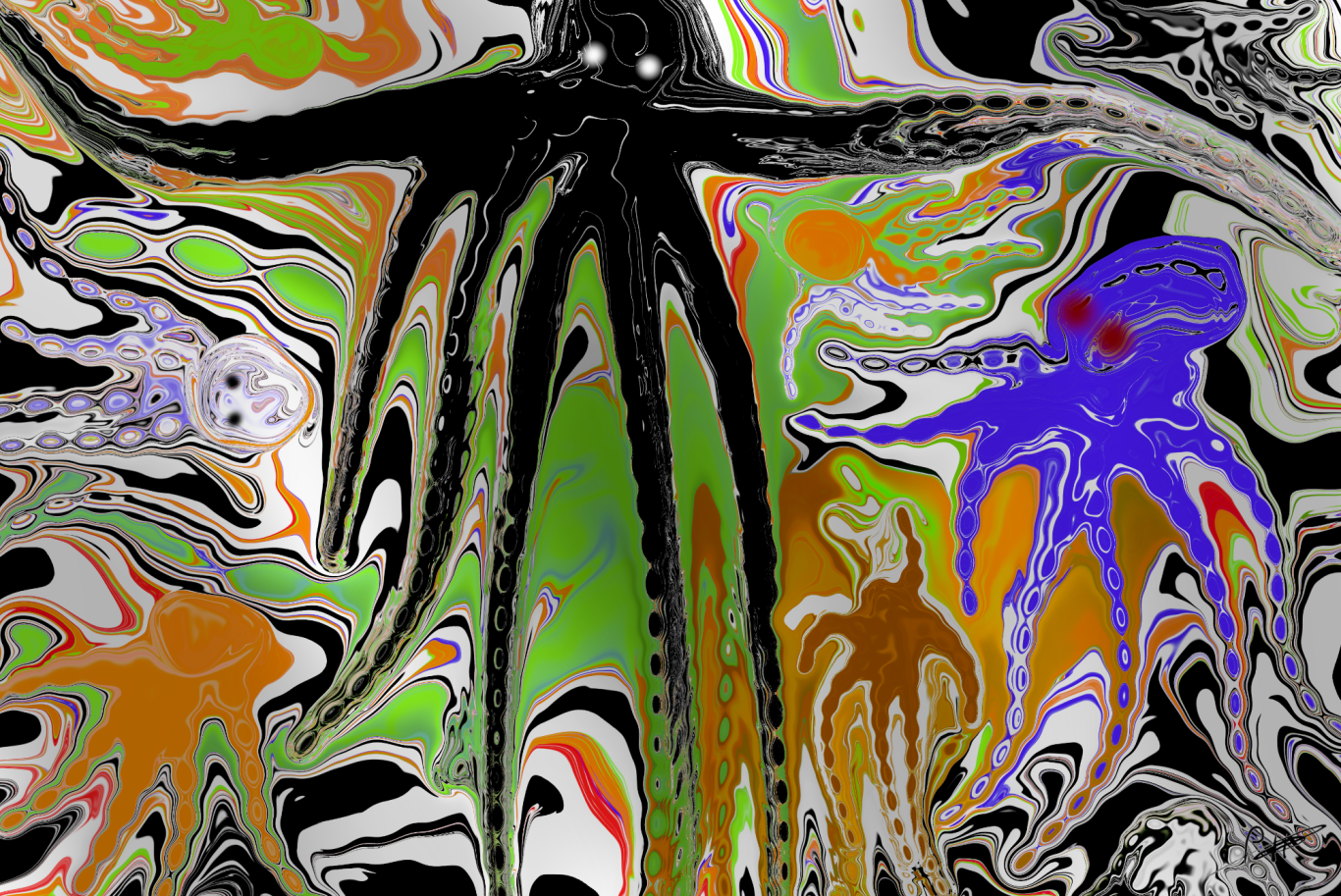 Bunte, abstrakte Darstellung von mehreren Oktopussen mit schwebenden Tentakeln.