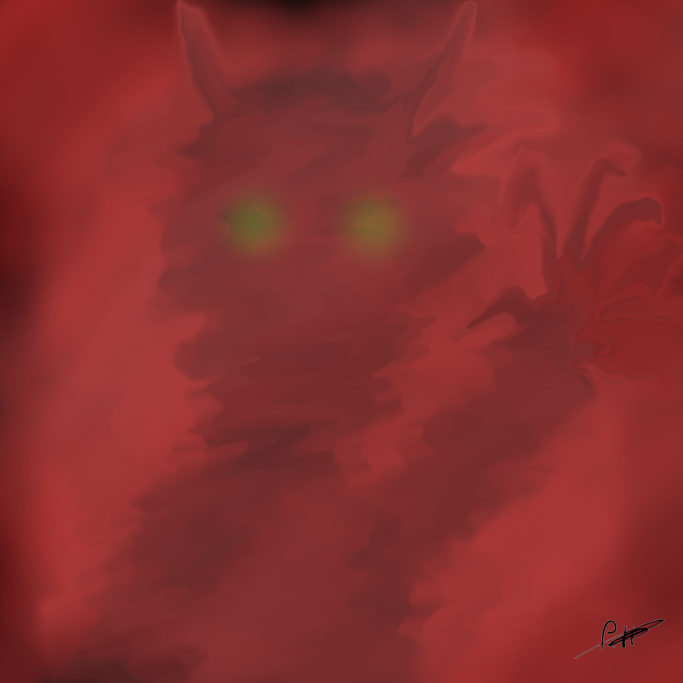 Dunkle Gestalt mit grünen Augen und erhobenem Arm vor rotem Hintergrund.