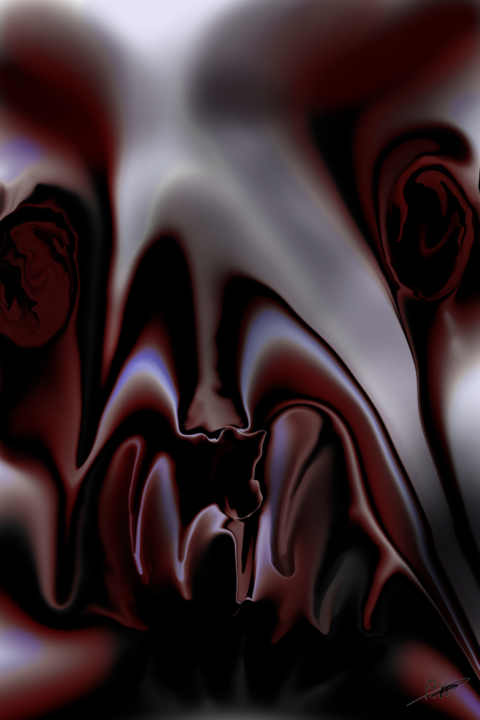 Abstrakte, dunkelrote und schwarze Formen, die eine verzerrte Gesichtsansicht andeuten.