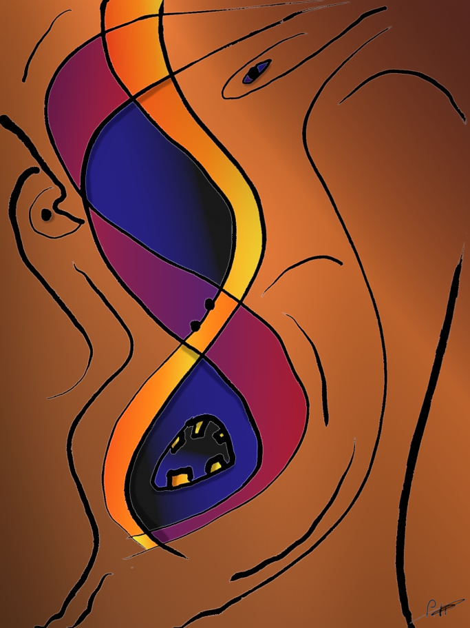 Abstrakte Komposition mit spiralförmigen Linien in warmen Farben und dunklen Elementen.