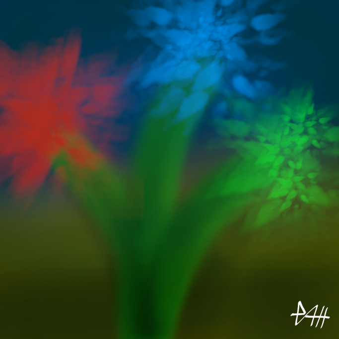 Bunte abstrakte Blüten in Rot, Blau und Grün vor einem dunklen Hintergrund.