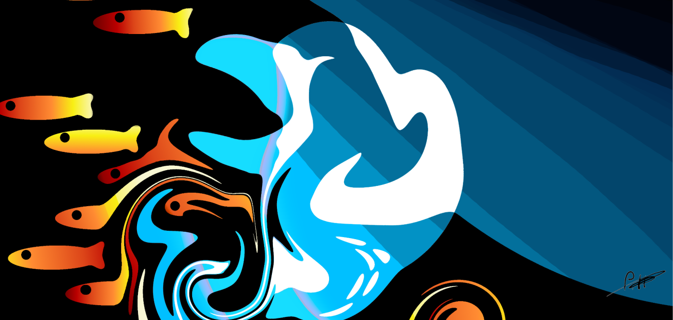 Paul Alexander Heigel - Im tiefen Meer Bunte Fische schwimmen um eine geschwungene, blaue Wasseroberfläche.