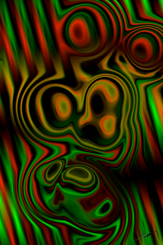 Abstrakte Grafik mit geschwungenen Formen in Rot- und Grüntönen.