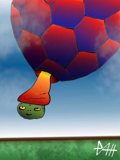 Heißluftschildkröte Eine grüne Schildkröte trägt einen bunten Ballon und schaut freundlich.