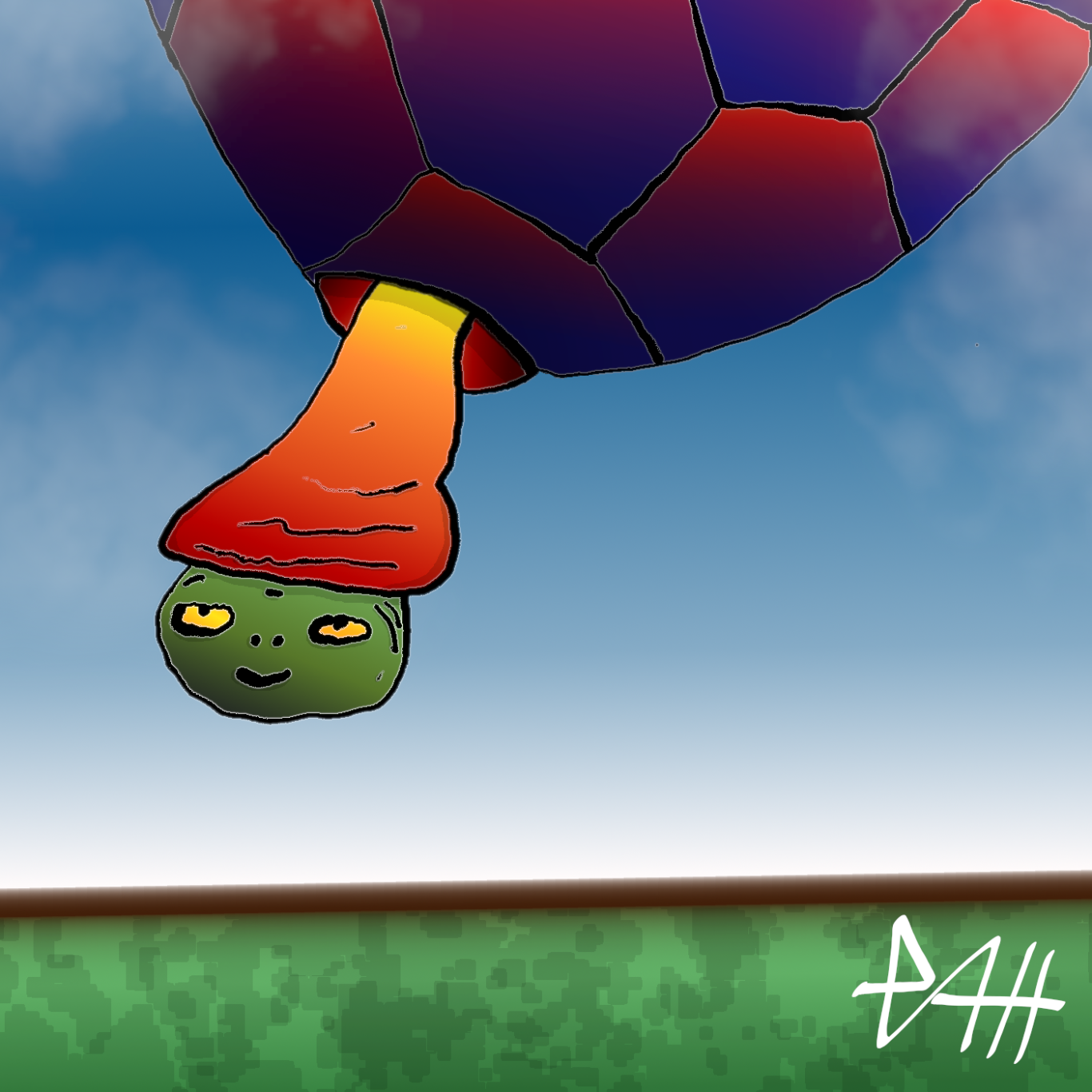 Paul Alexander Heigel - Heißluftschildkröte Schildkröte die wie ein Heißluftballon inszeniert ist, der darunter hängt, vor blauem Himmel.
