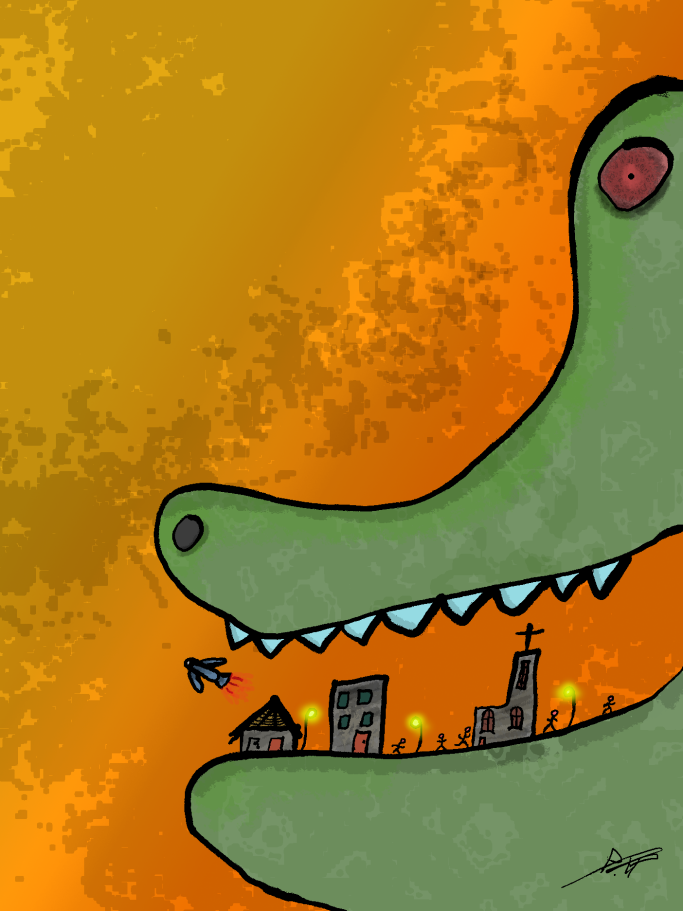 Ein grünes Krokodil mit Stadtansicht im Maul auf orangefarbenem Hintergrund.