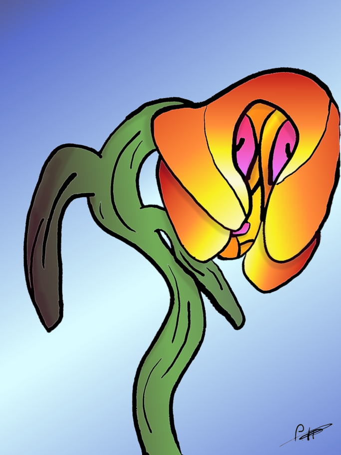 Bunte, stilisierte Blüte mit geschwungenem Stängel vor sanftem Hintergrund.