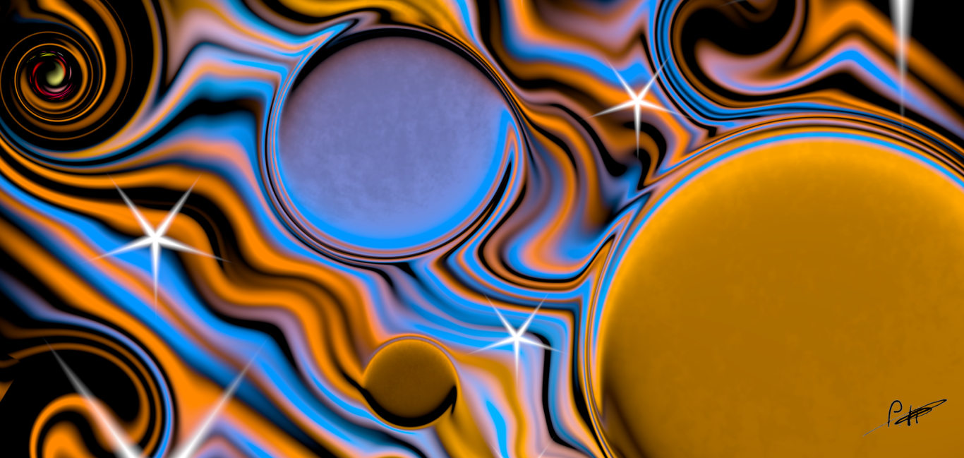 Paul Alexander Heigel - Träumeland Abstrakte Darstellung von Planeten mit lebendigen Farben und wabernden Formen.