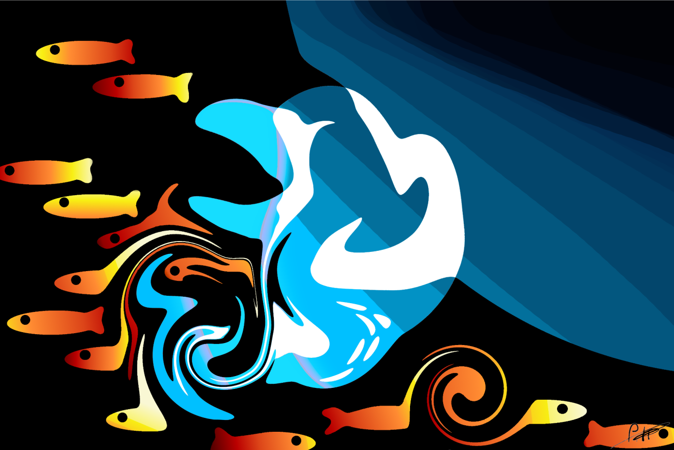 Bunte Fische schwimmen um eine stilisierte Wasseroberfläche und Wellen.