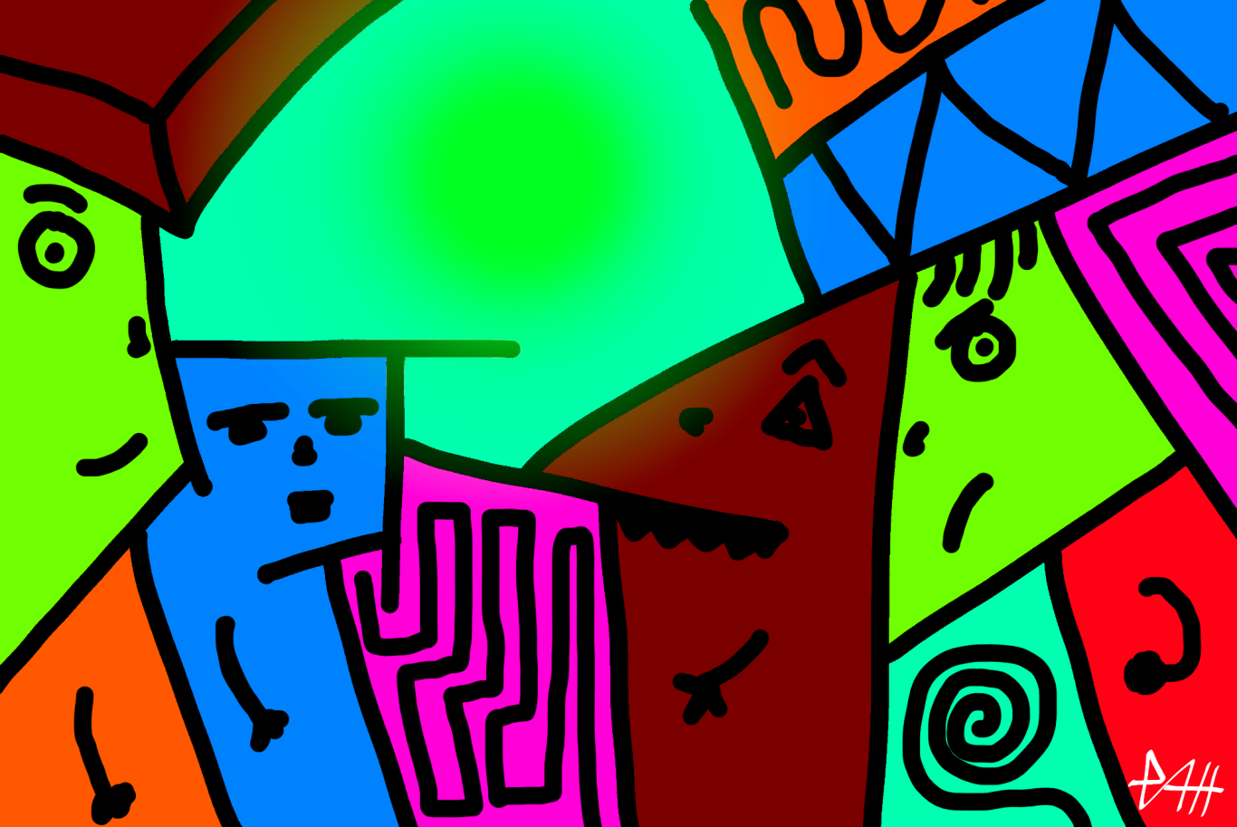 Bunte abstrakte Gesichter in geometrischen Formen, mit kräftigen Farben und einem grünen Hintergrund.
