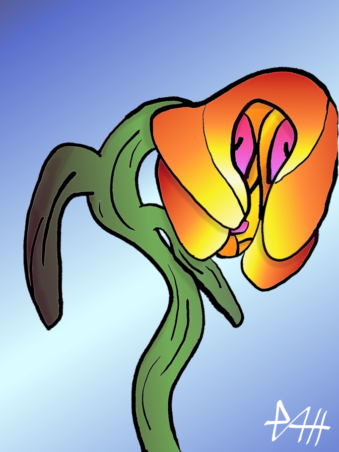 Bunte, stilisierte Blüte mit geschwungenem Stängel vor sanftem Hintergrund.