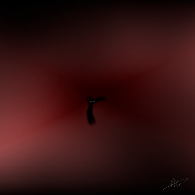 Schwarze Silhouette auf rotem, abstraktem Hintergrund.