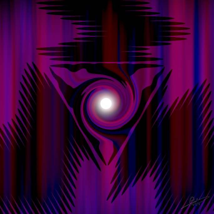 Abstrakte Darstellung eines Wirbelmotivs in lila und schwarz mit zentralem weißen Punkt.