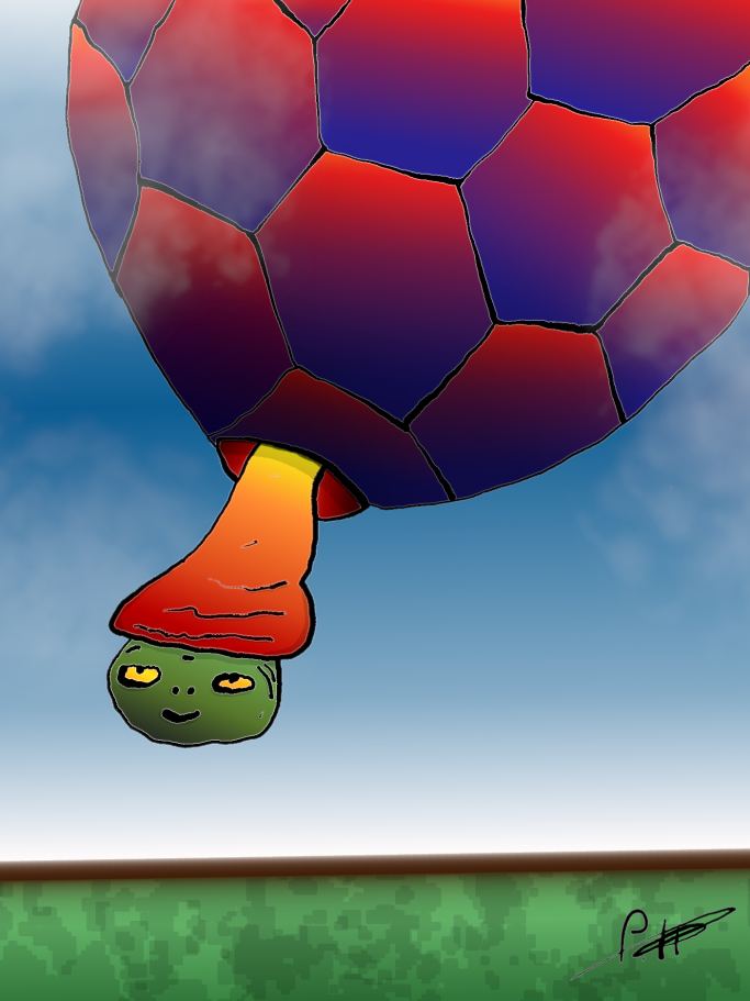 Eine grüne Schildkröte mit einer bunten Heißluftballonmütze schwebt durch den Himmel.