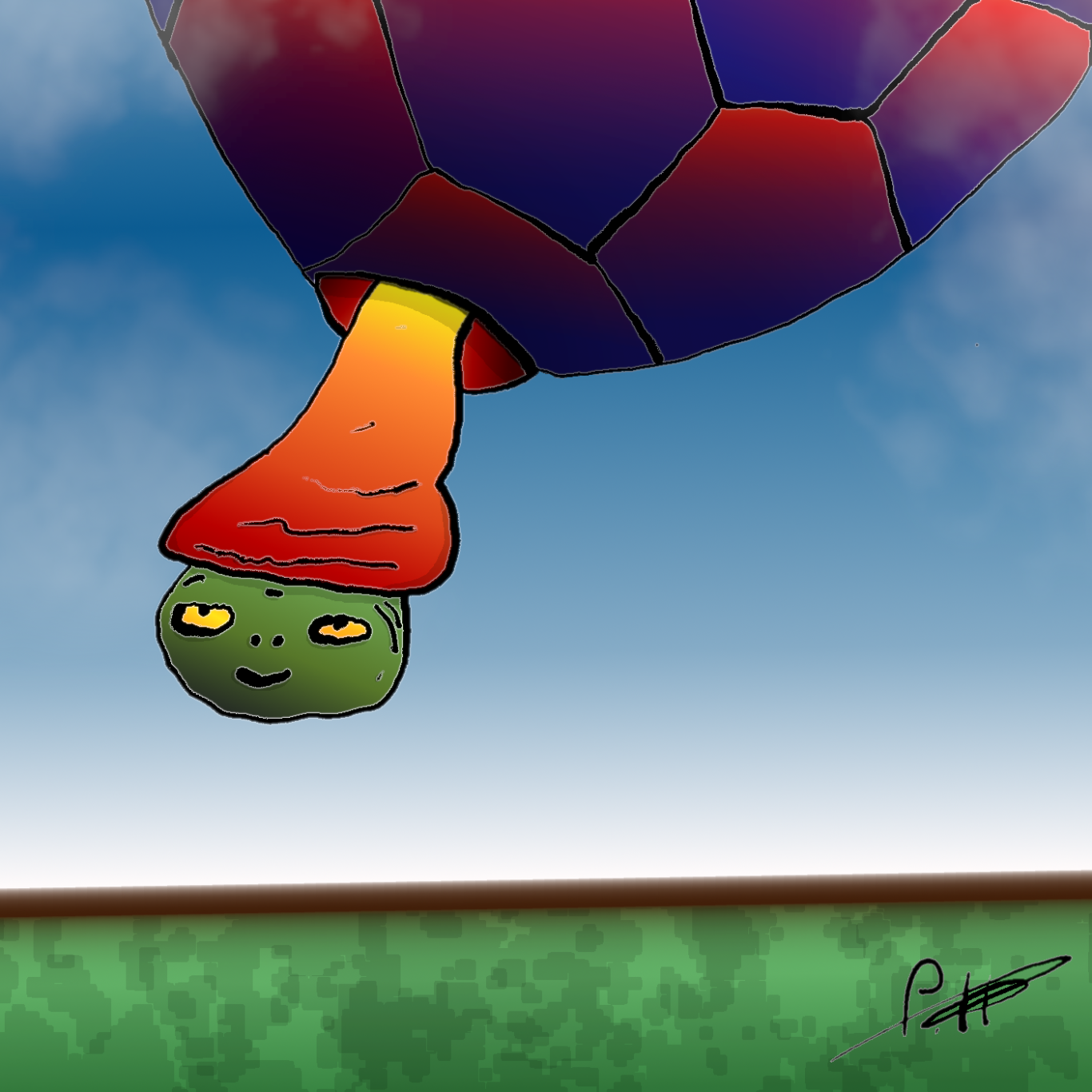 Schildkröte die wie ein Heißluftballon inszeniert ist, der darunter hängt, vor blauem Himmel.