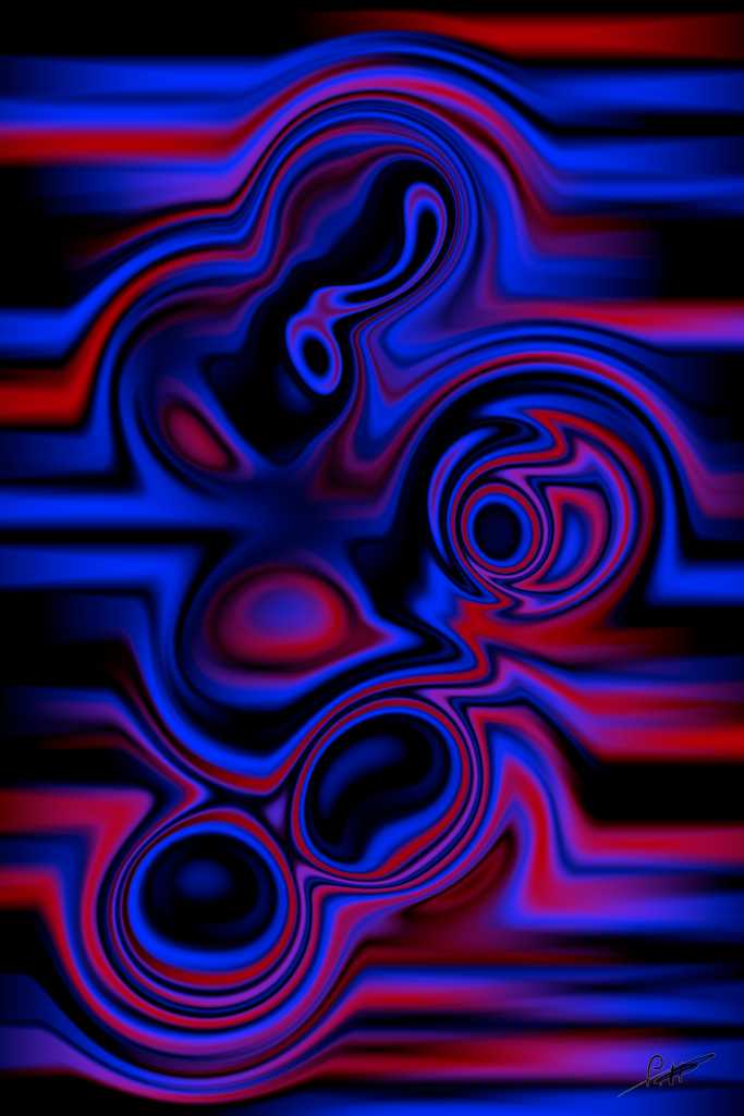 Abstrakte Komposition mit geschwungenen Linien in Rot- und Blautönen.