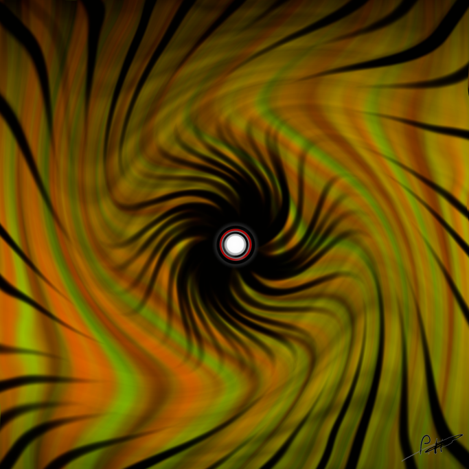 Wirbel aus orangefarbenen und grünen Linien mit einem zentralen weißen Punkt.