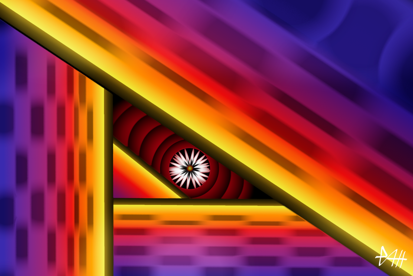 Abstrakte Komposition mit diagonalen Linien in leuchtenden Farben und einem spiralförmigen Muster.