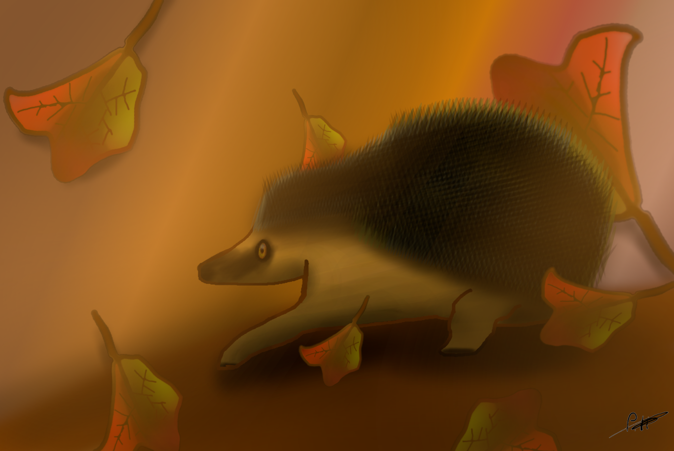 Ein Igel läuft durch raschelnde Blätter in herbstlichen Farben.