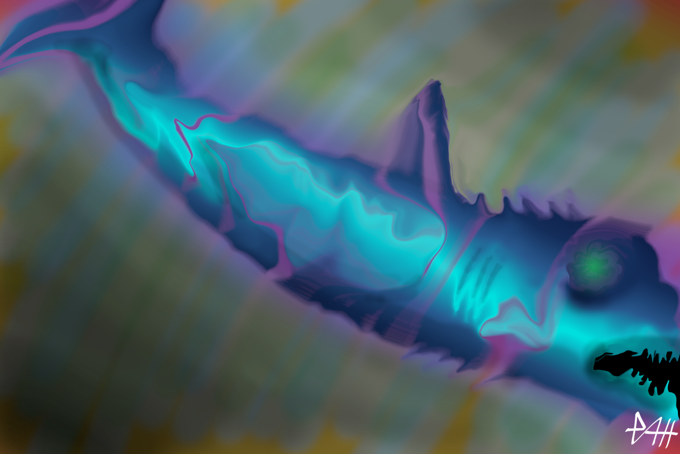 Ein leuchtender Fisch schwimmt durch ein nebliges, farbenfrohes Wasser.