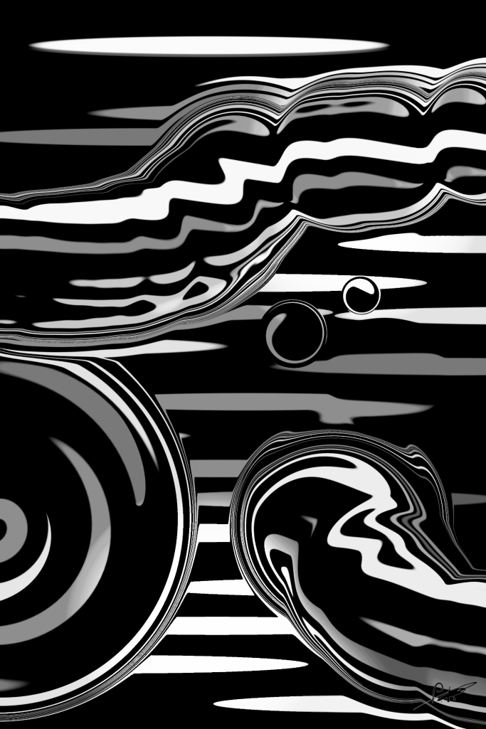 Abstrakte Schwarz-Weiß-Grafik mit geschwungenen Linien und unterschiedlichen Texturen.