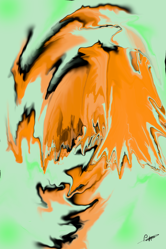 Abstrakte Kunst mit orangefarbenen und grünen Wellen und dynamischen Formen.