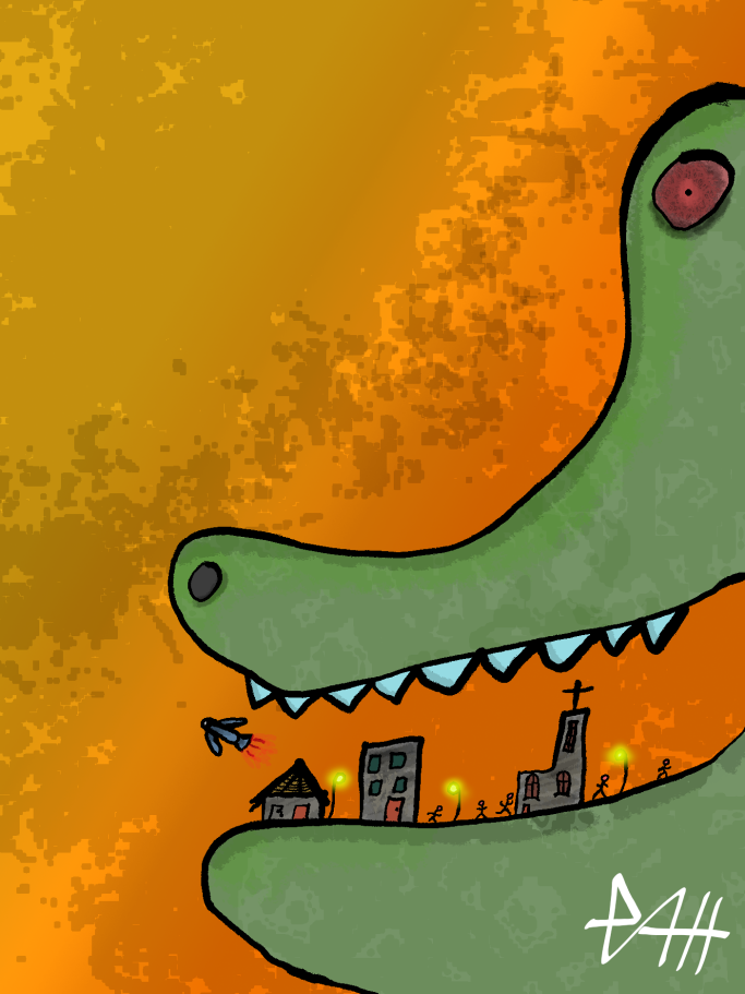 Ein grünes Krokodil mit Stadtansicht im Maul auf orangefarbenem Hintergrund.