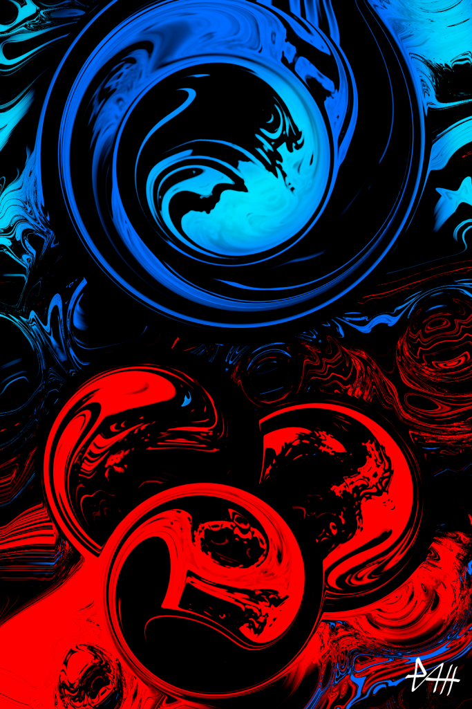 Abstrakte Farbwirbel in Blau und Rot auf schwarzem Hintergrund.