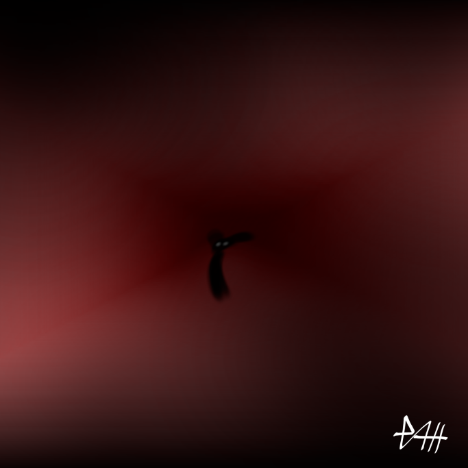 Schwarze Silhouette vor einem rot verlaufenden Hintergrund.