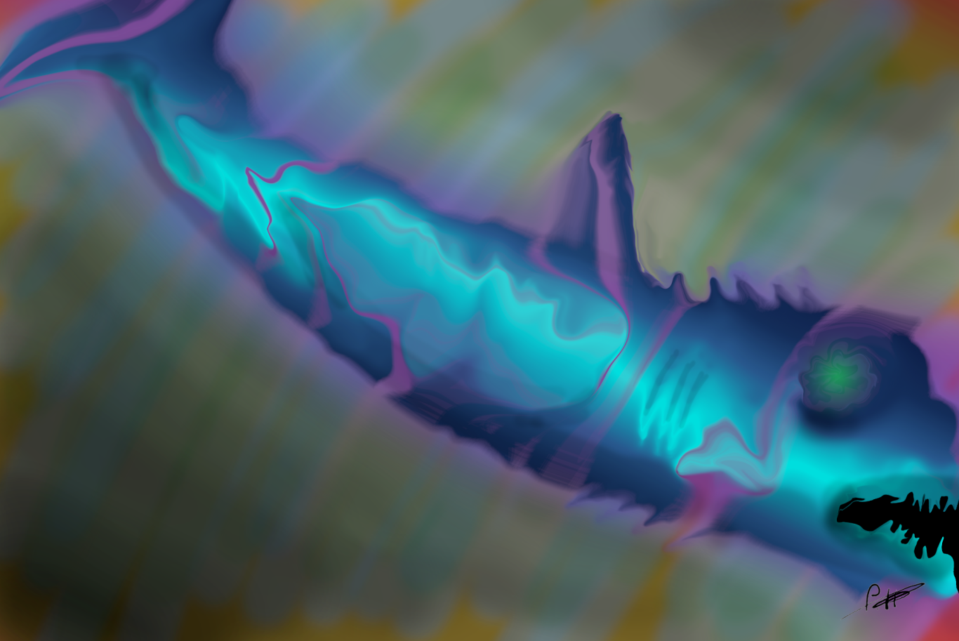 Ein leuchtender Fisch schwimmt durch ein nebliges, farbenfrohes Wasser.