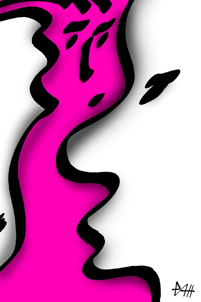 Abstrakte Darstellung eines Gesichts in Pink und Schwarz auf weißem Hintergrund.