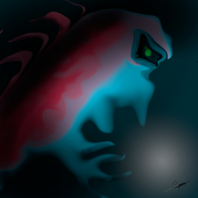 Abstraktes Porträt mit einem blauen Gesicht und leuchtend grünen Augen in dunkler Umgebung.