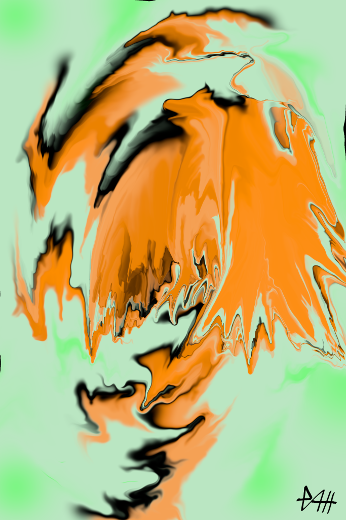 Abstrakte Kunst mit orangefarbenen und grünen Wellen und dynamischen Formen.
