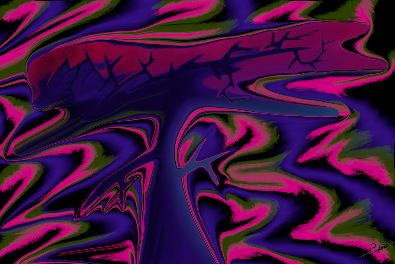 Abstrakte, verzerrte Farben in Lila, Pink und Schwarz mit einer baumähnlichen Form.