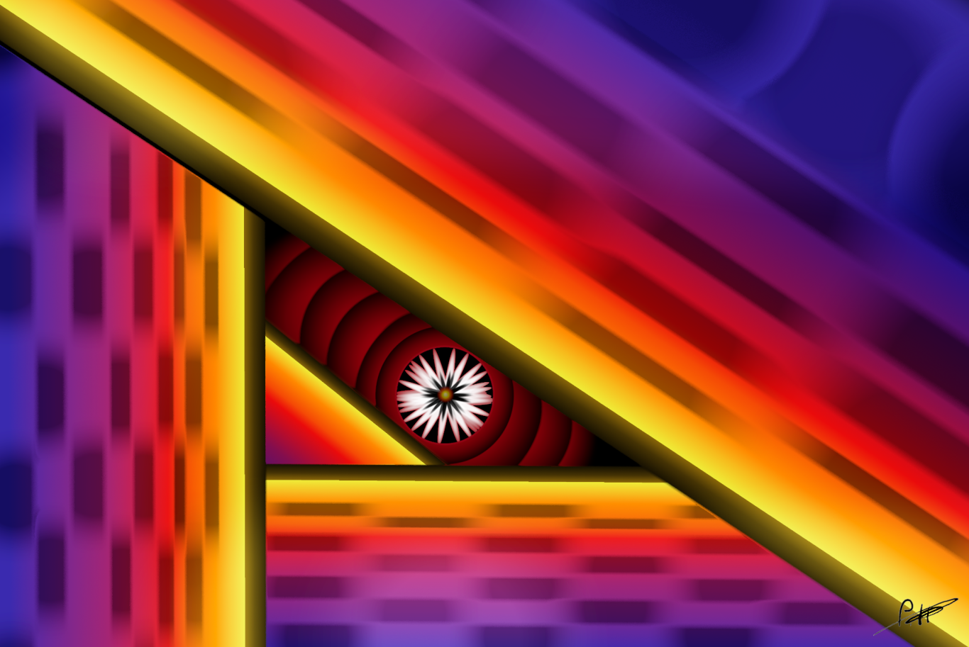 Abstrakte Komposition mit diagonalen Linien in leuchtenden Farben und einem spiralförmigen Muster.